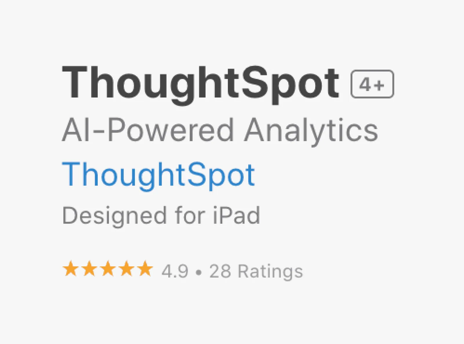 After: App Store listing for ThoughtSpot AI-Powered Analytics, showing 4.9 stars from 28 ratings
