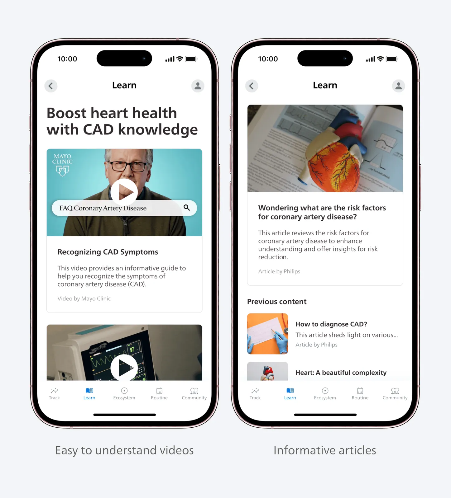 Two Learn screens: a Mayo Clinic video explaining coronary artery disease, and a list of articles on risk factors
