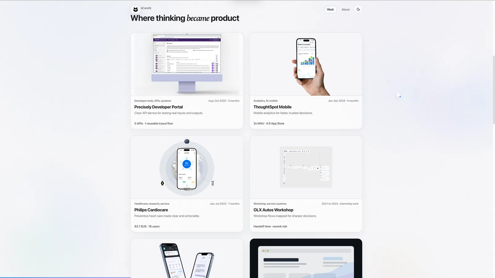 Earlier selected-work gallery showing multiple project cards at the same visual level.