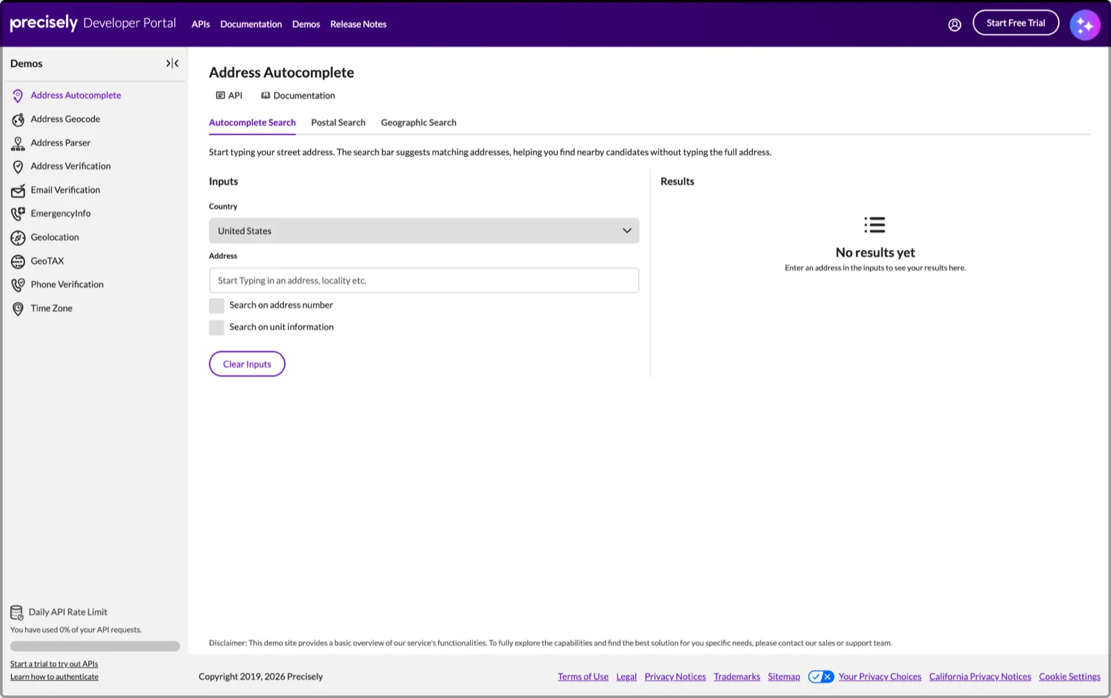 Cloud Precisely Developer Portal showing the Address Autocomplete demo
