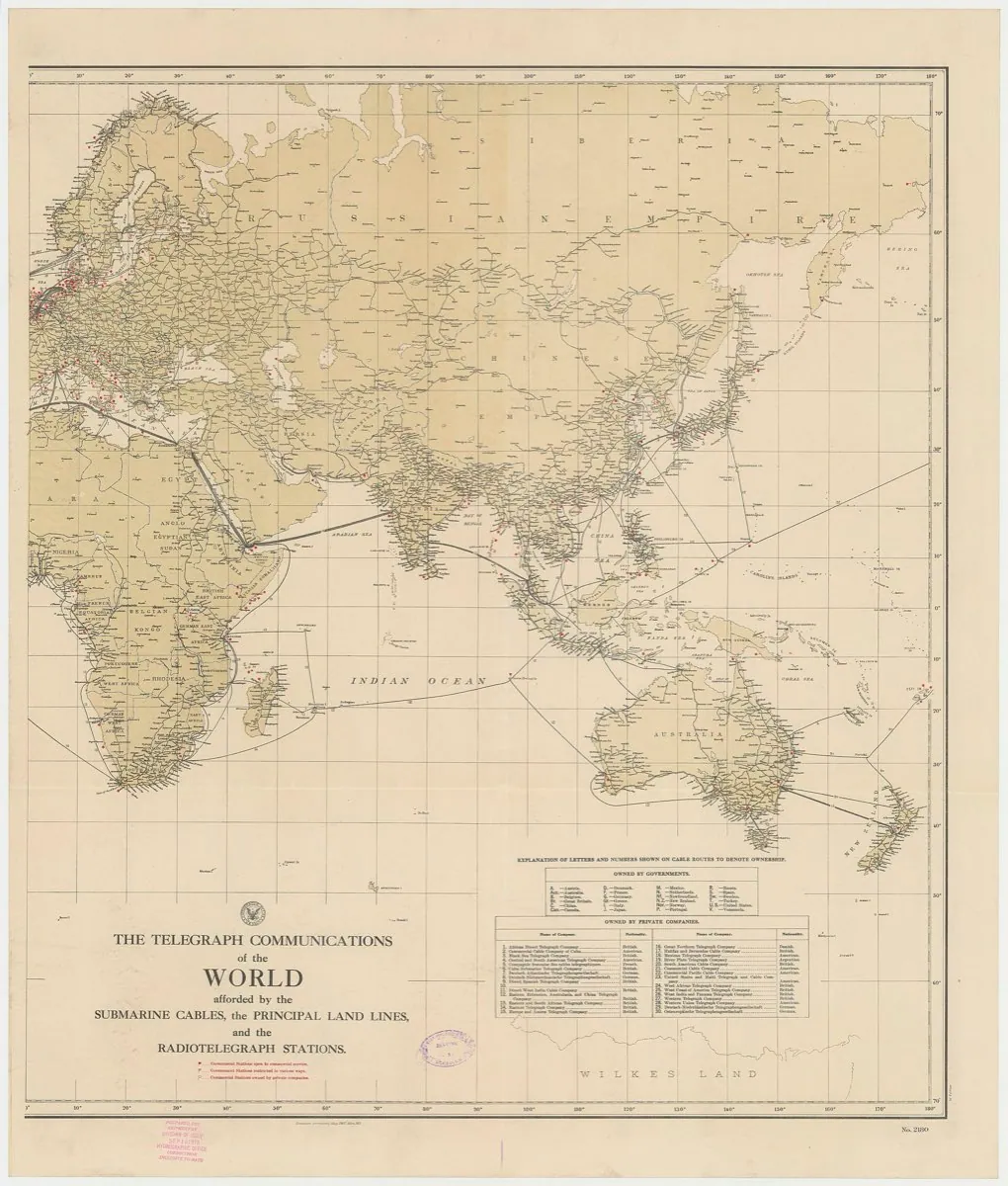An old hydrographic chart of the world showing the network of submarine cables and telegraph lines strung between the continents.