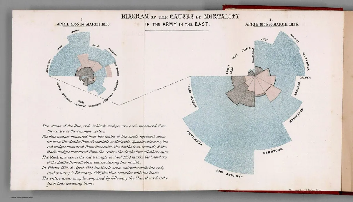 Florence Nightingale's polar area diagram of army mortality, with wedges radiating from a centre and coloured by cause of death.